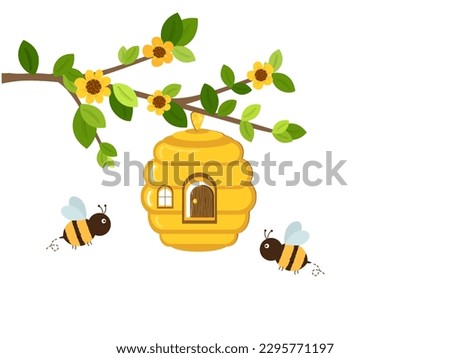 Tree branch with green leaves, cute flower, bee house and bee cartoons isolated on white background vector illustration.