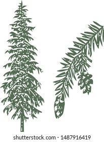 Tree branch with green leaves over white background. Vector graphics. Artwork design element.