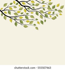 Tree Branch With Green Leaves. Vector Illustration On White Background.