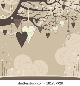 Tree branch with hanging hearts. Vector card