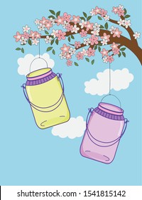 tree branch hanging mason jar flowers decoration sky vector illustration