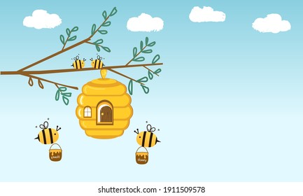 Tree branch with honeycomb, bees and cloud on blue sky background vector illustration. 