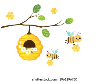 Tree branch with honeycomb and flying bee cartoons isolated on white background vector illustration.