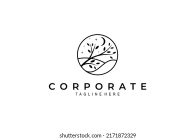 tree branch and leaf logo on hill background decorated with crescent moon and stars at night