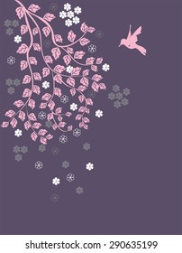 Tree branch with leafs and flowers and hummingbird