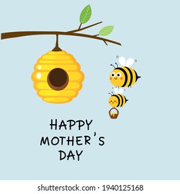 Tree branch with leaves and bee cartoons on blue background vector illustration. Happy mother's day.