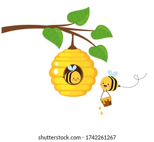 Tree branch with leaves, beehive, honey bucket and flying bee isolated on white background vector illustration. Cute cartoon character. 
