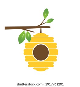 Tree branch with leaves and beehive icon, bee house symbol on white background vector illustration.