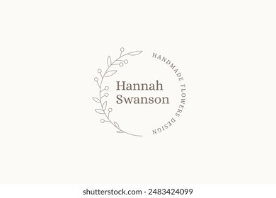 Tree branch with leaves and berries circle line logo design template vector illustration. Elegant natural plant with berry round outline logotype emblem for beauty salon organic skin care brand