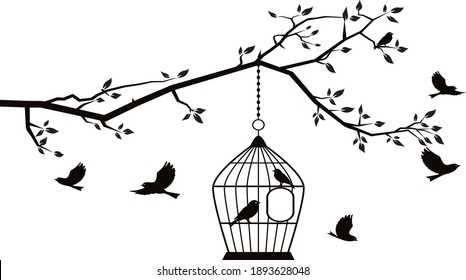 
tree branch with leaves, birds perched and flying with hanging cage, black and white silhouette - wall decals