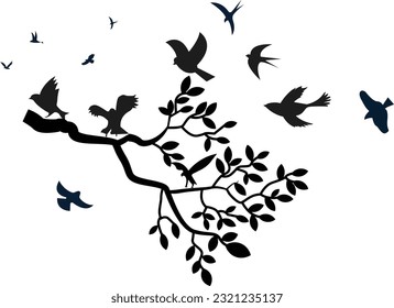 Tree branch with leaves, birds perched and flying with black and white silhouette - wall decals