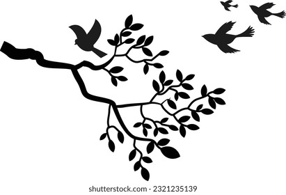 Tree branch with leaves, birds perched and flying with black and white silhouette - wall decals