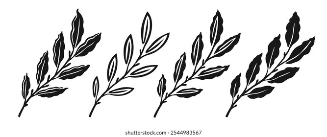 Tree branch with leaves. Decorative floral pattern design elements set. Hand drawn vector illustration