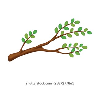 A tree branch with leaves. The elm tree. A tree branch with green leaves in a cartoon style. The vector illustration is isolated on a white background