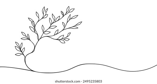 Rama de árbol con hojas. Una línea de ramificación continua y hojas. Rama aislada de arte lineal. Ilustración vectorial de esquema.