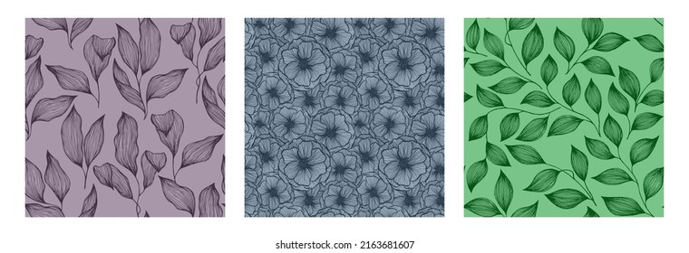 Tree branch leaves and peony flowers doodle hand drawn vector seamless pattern collection. Exotic jungle plants artistic tissue print design. Bouquet poppies, grass herb leaves decorative motif.