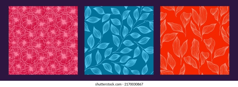 Tree branch leaves and peony flowers doodle hand drawn vector seamless pattern collection. Exotic jungle plants artistic tissue print design. Abstractl poppy or peony flowers, tree leaves.