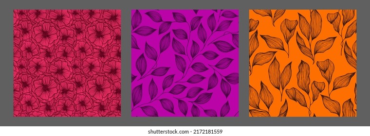 Tree branch leaves and peony flowers doodle hand drawn vector seamless pattern collection. Exotic jungle plants trendy tablecloth print design. Abstractl poppy or peony flowers, tree leaves.