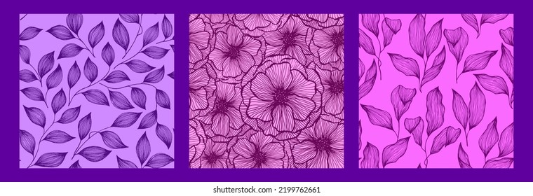 Tree branch leaves and peony flowers doodle hand drawn vector seamless pattern collection. Organic tropical plants trendy fabric print design. Handdrawn poppy or peony flowers, tree leaves.