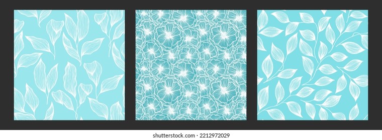 Tree branch leaves and peony flowers doodle hand drawn vector seamless pattern collection. Exotic jungle plants elegant blue tissue print design. Abstract hibiscus or peony flowers, tree leaves.