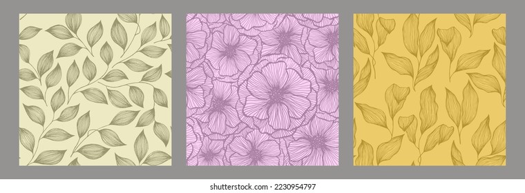 Tree branch leaves and peony flowers doodle hand drawn vector seamless pattern collection. Organic tropical plants trendy textile print design. Abstractl poppy or peony flowers, tree leaves.