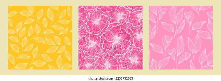 Tree branch leaves and peony flowers doodle hand drawn vector seamless pattern collection. Summer blossom and foliage floral wallpaper design. Handdrawn hibiscus or peony flowers, tree leaves.