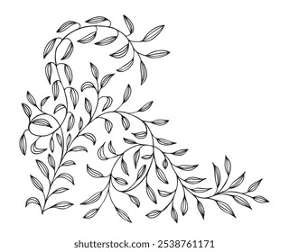 Tree branch with leaves, plant. Decorative Elements for Decoration. Hand drawing doodles of vector vintage botanical elements.  Line art. Botanic outline sketch draw