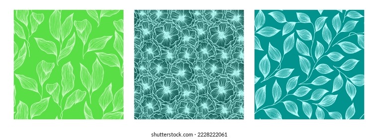 Tree branch leaves and poppy flowers sketch hand drawn vector seamless pattern collection. Summer blossom and foliage floral wallpaper design. Wild poppy or peony flowers, tree leaves.