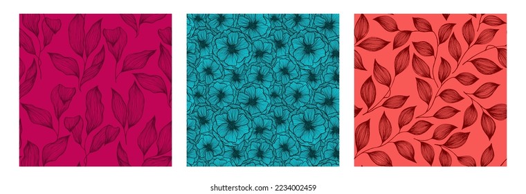Tree branch leaves and poppy flowers sketch hand drawn vector seamless pattern collection. Exotic jungle plants trendy tablecloth print design. Abstractl poppy or peony flowers, tree leaves.