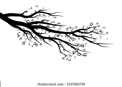 Tree branch with numbers. Vector decoration from scattered elements. Monochrome isolated silhouette. Conceptual illustration.