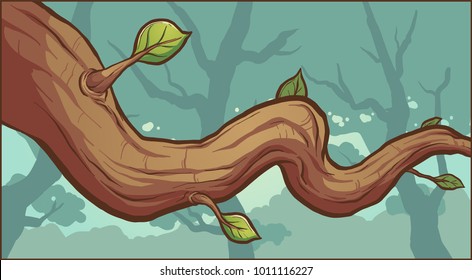 Tree branch on a forest background. Vector clip art illustration with simple gradients. Some elements on separate layers. 
