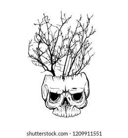 tree branch on human skull isolated. Hand drawn line art vector illustration. tattoo design. life and dead. sticker template. mask isolated background. born and dead symbol. wood branch silhouette.