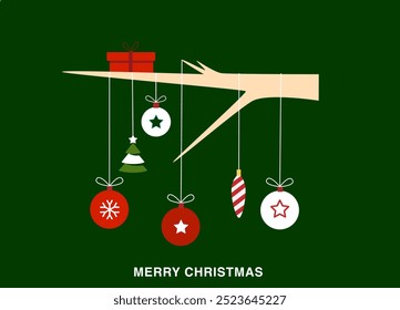Tree branch on which Christmas balls and decorations. Merry Christmas greeting card