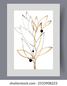 Tree branch with outline of petals of different shades for wall art on botany. Watercolor print. Artwork with aesthetic bush twig to create eco accent, in frame with decor for poster