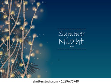 Tree branch party light with coconut leaves on summer night background vector for decoration on beach party or summer party night events.