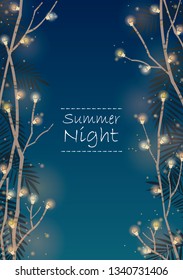 Tree branch party light with coconut leaves on summer night background vector for decoration on beach party or summer party night events.