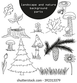 Tree, branch, pine, pine cone, mushroom, leaf, maple leaf, chamomile, grass, tulip amanita, stump. Vector illustration