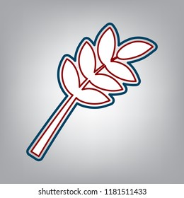Tree branch sign. Vector. Dark red, transparent and midnight green stroke of white icon at grayish background.