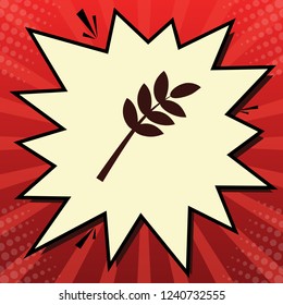 Tree branch sign. Vector. Dark red icon in lemon chiffon shutter bubble at red popart background with rays.