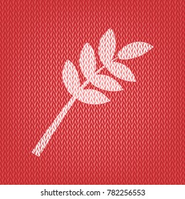 Tree branch sign. Vector. Knitted white icon on a red knitted background.
