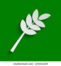 Tree branch sign. Vector. Paper whitish icon with soft shadow on green background.
