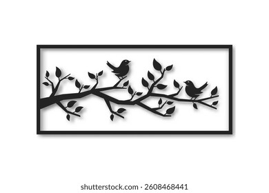 Tree Branch Silhouette with Birds in Rectangular Frame – Wall Art Vector Illustration