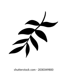 Tree branch silhouette. Black shape of plant isolated on white. Vector hand drawn clip art. Boho style botanical element