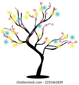 tree branch silhouette with blue, red, yellow, and purple light illustration.