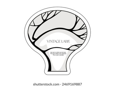 Tree with branch silhouette Clip art, set of elements for design Border, frame, template for product label, cosmetic packaging. Outline hand drawing. In art nouveau style, vintage, old, retro style.