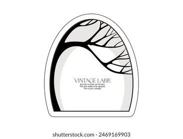 Tree with branch silhouette Clip art, set of elements for design Border, frame, template for product label, cosmetic packaging. Outline hand drawing. In art nouveau style, vintage, old, retro style.