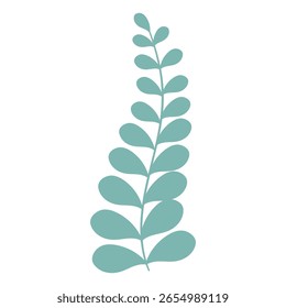 Rama de árbol con Pequeñas hojas azules en estilo plano dibujado a mano. Rama de dibujos animados con hojas diminutas aisladas sobre fondo blanco perfecto para invitaciones, tarjetas, carteles, vacaciones, impresión, Web.