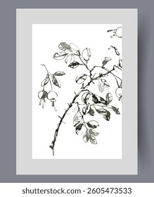 Tree branch with small bunches of apples on warm spring day on wall art. Watercolor print. Artwork with tree branch with berries growing in farm garden, in frame with decor for poster