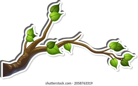Tree branch with some leaves sticker on white background illustration