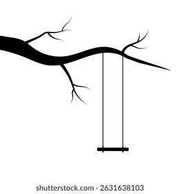 Tree Branch with Swing Silhouette Vector Illustration. Minimalist black and white vector illustration featuring a bare tree branch with a simple wooden swing hanging from it.